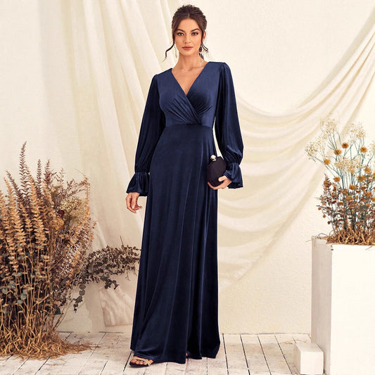 lantern sleeve v neck satin maxi dress in dark blue