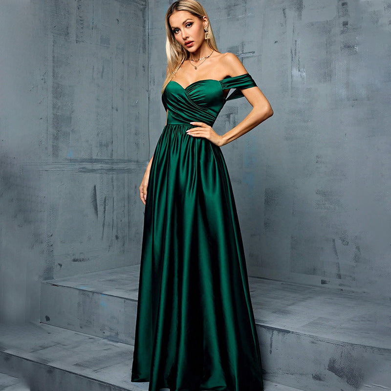 off shoulder ruched satin maxi dress in green