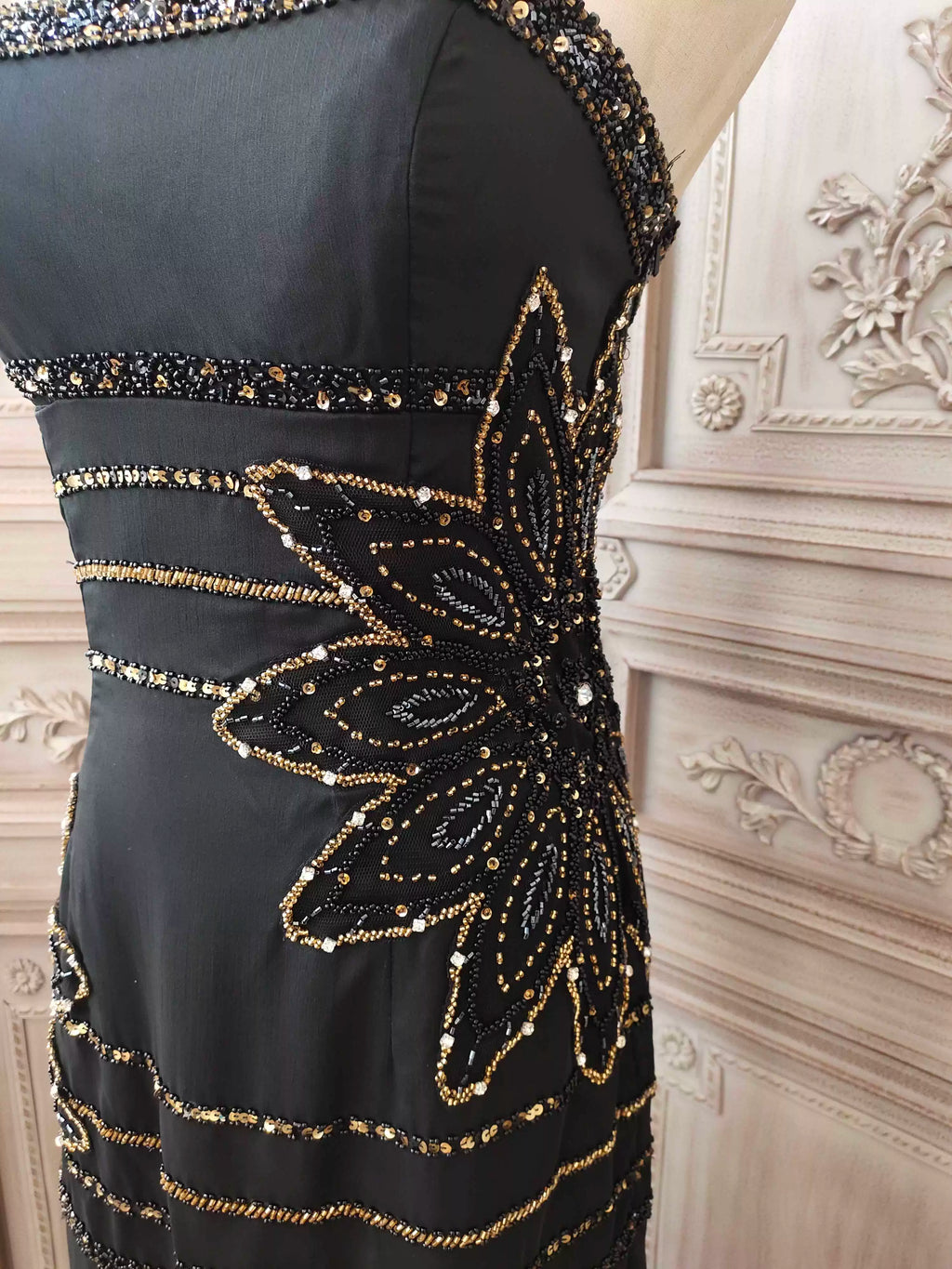 Black hand-beaded chiffon fishtail skirt