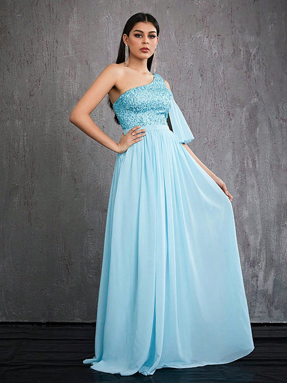 one shoulder sequin detail tulle maxi dress in blue