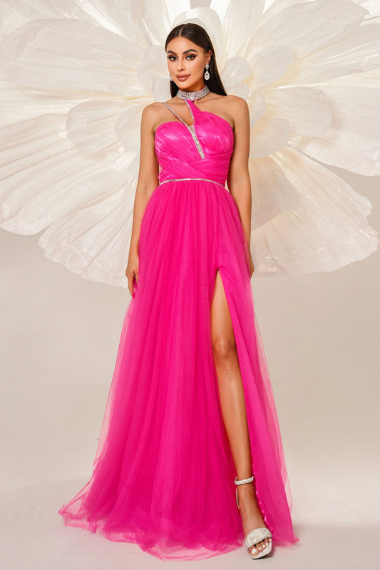 rhinestone detail halter tulle maxi dress in rose red