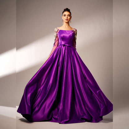 Appliqué fitted waist full skirt maxi dress in purple