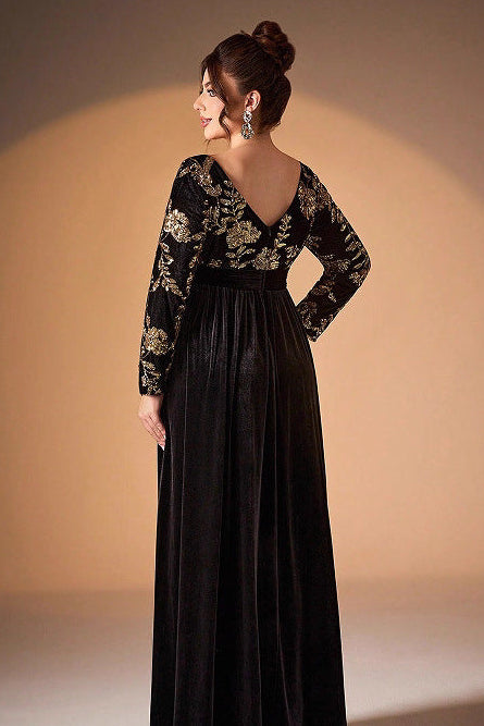 sequin floral print velvet maxi dress in black