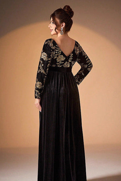 sequin floral print velvet maxi dress in black