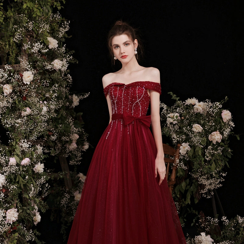 lily off-shoulder sequin maxi dress in Claret