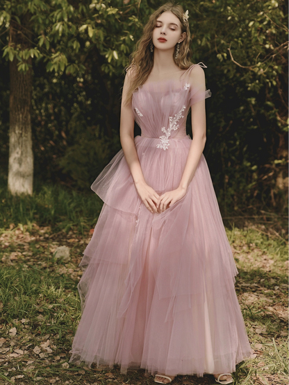sequin floral applique tulle maxi dress in pink