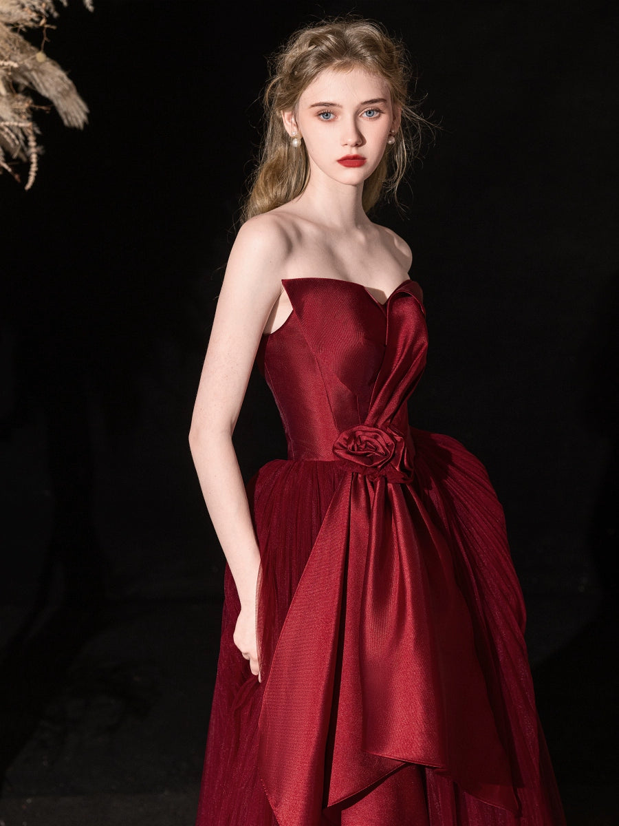 off-shoulder bow satin maxi dress in Bordeaux