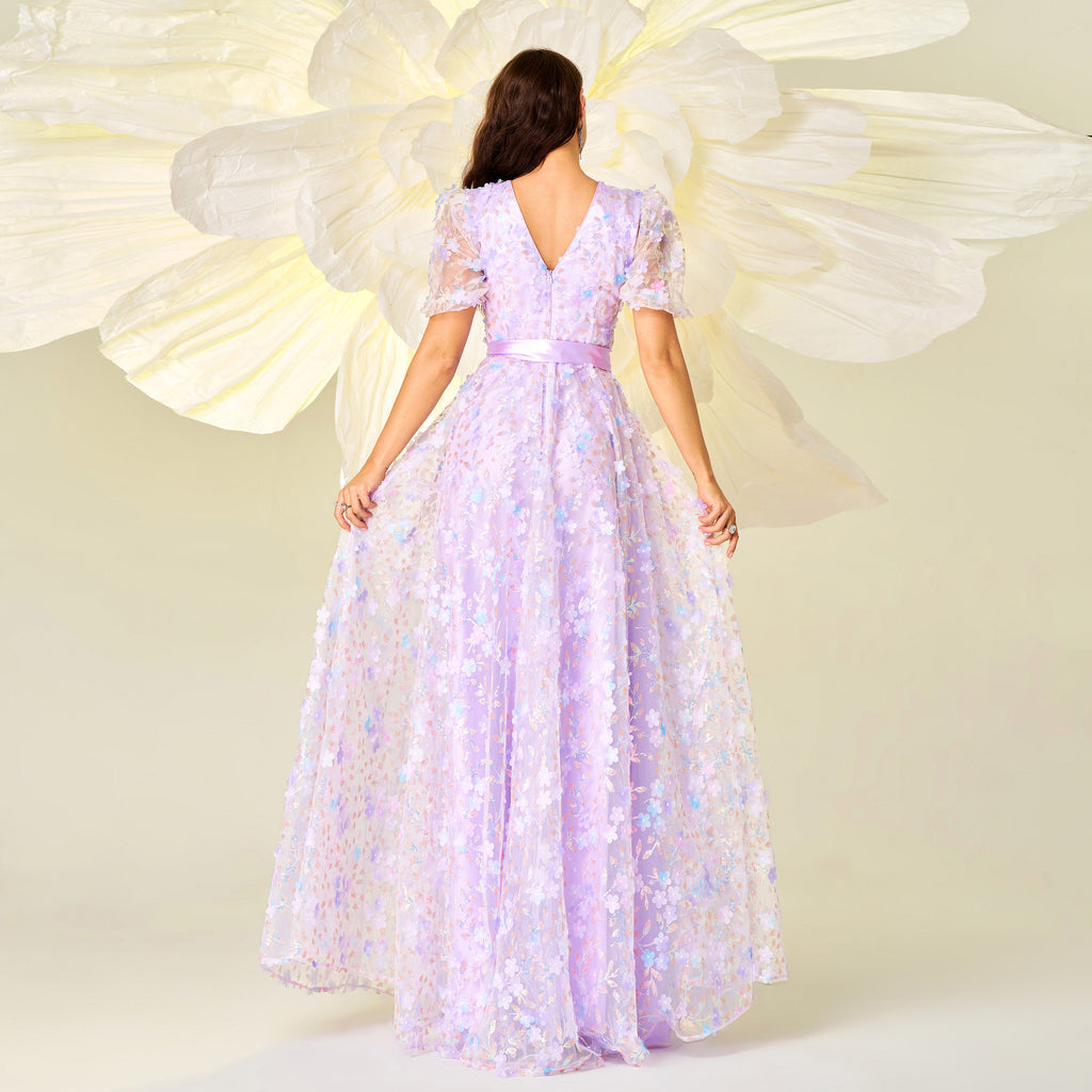 floral sequin v-neck maxi dress in purple