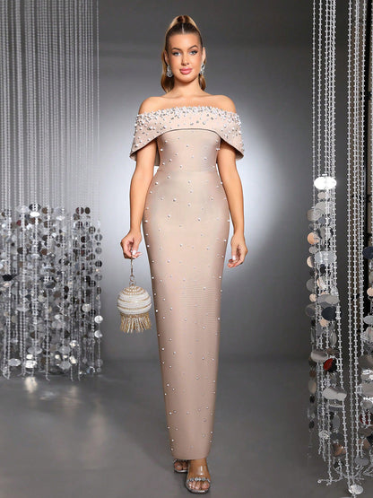 belen Pearl Beaded strapless maxi Bandage Dress in apricot