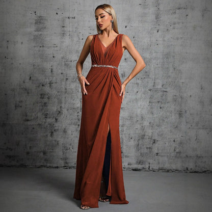 v neck ruched sleeveless maxi dress in brown
