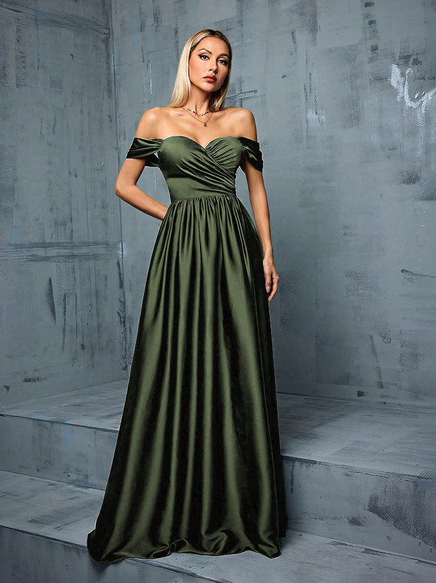 off shoulder ruched satin maxi dress in green