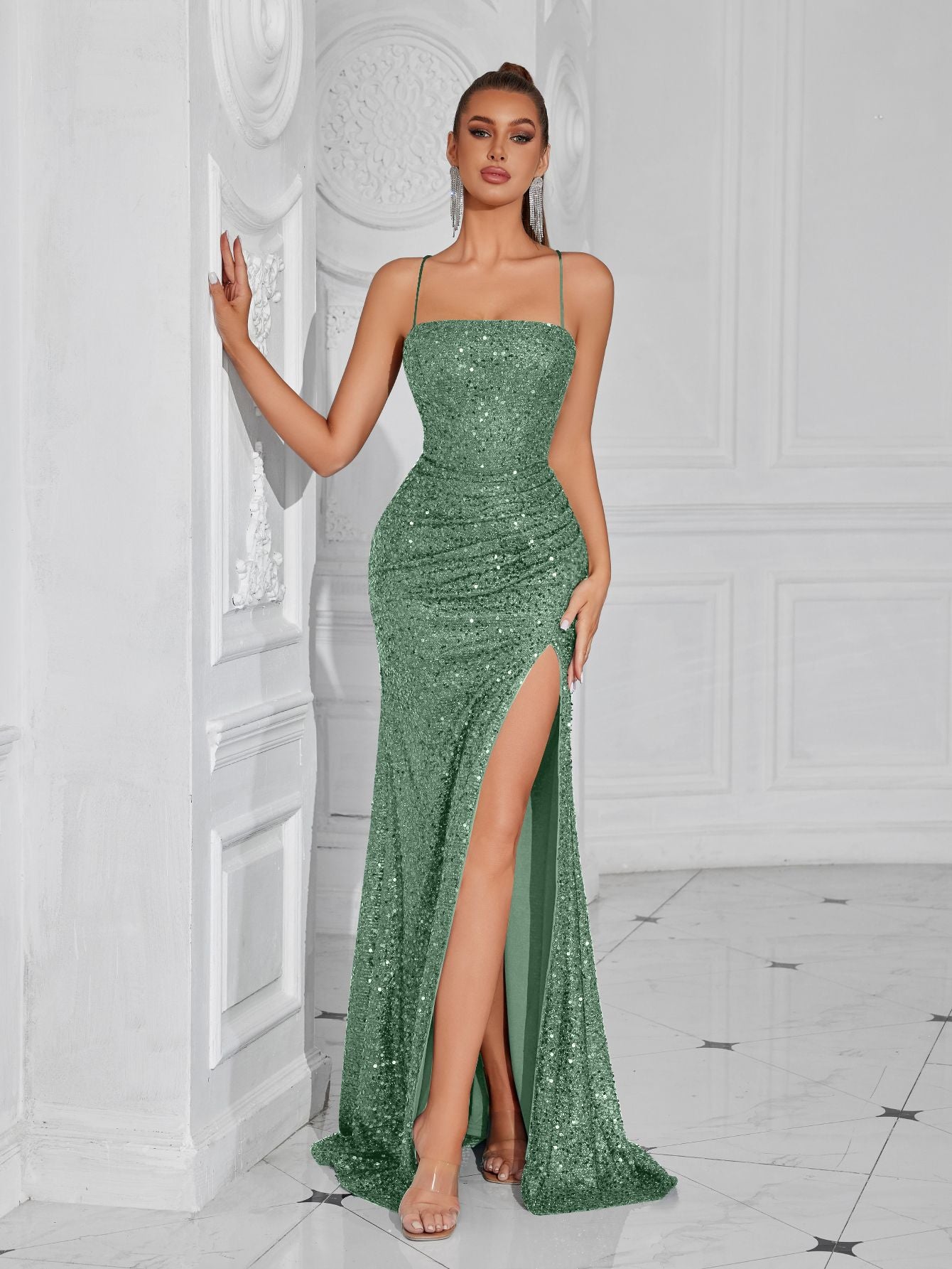 erica sequin pleated slim maxi dress