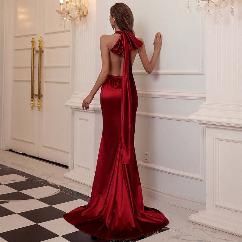 evangeline v neck halter backless satin maxi dress