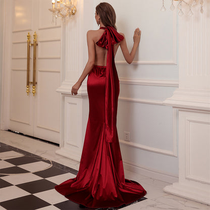 evangeline v neck halter backless satin maxi dress