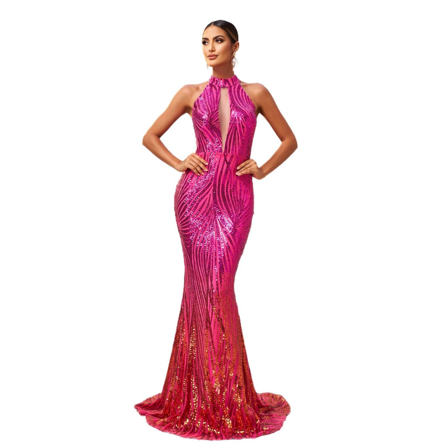 rose red Round neck off-shoulder hip-wrapped sequined fishtail maxi dress