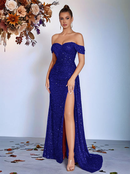 gabrielle Sequined strapless slit evening maxi dress