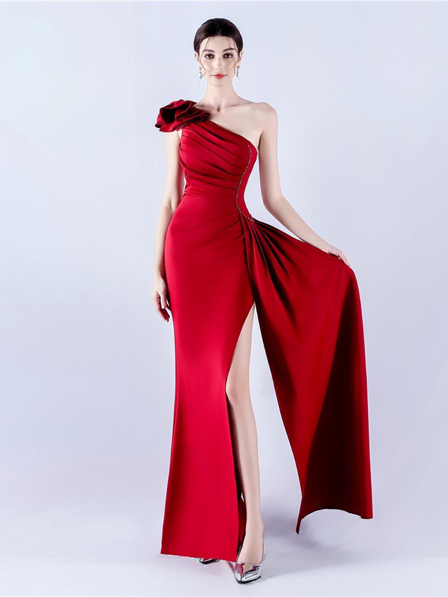 One Shoulder Flower Pleated Draped Prom Dress