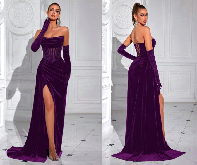 Velvet herringbone strapless evening maxi dress