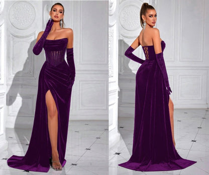 Velvet herringbone strapless evening maxi dress