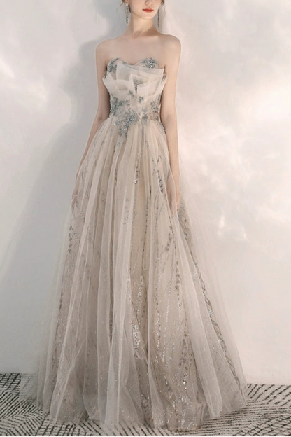 sequin tulle strapless maxi dress in champagne