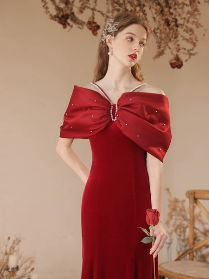 off-shoulder shawl maxi dress in Burgundy