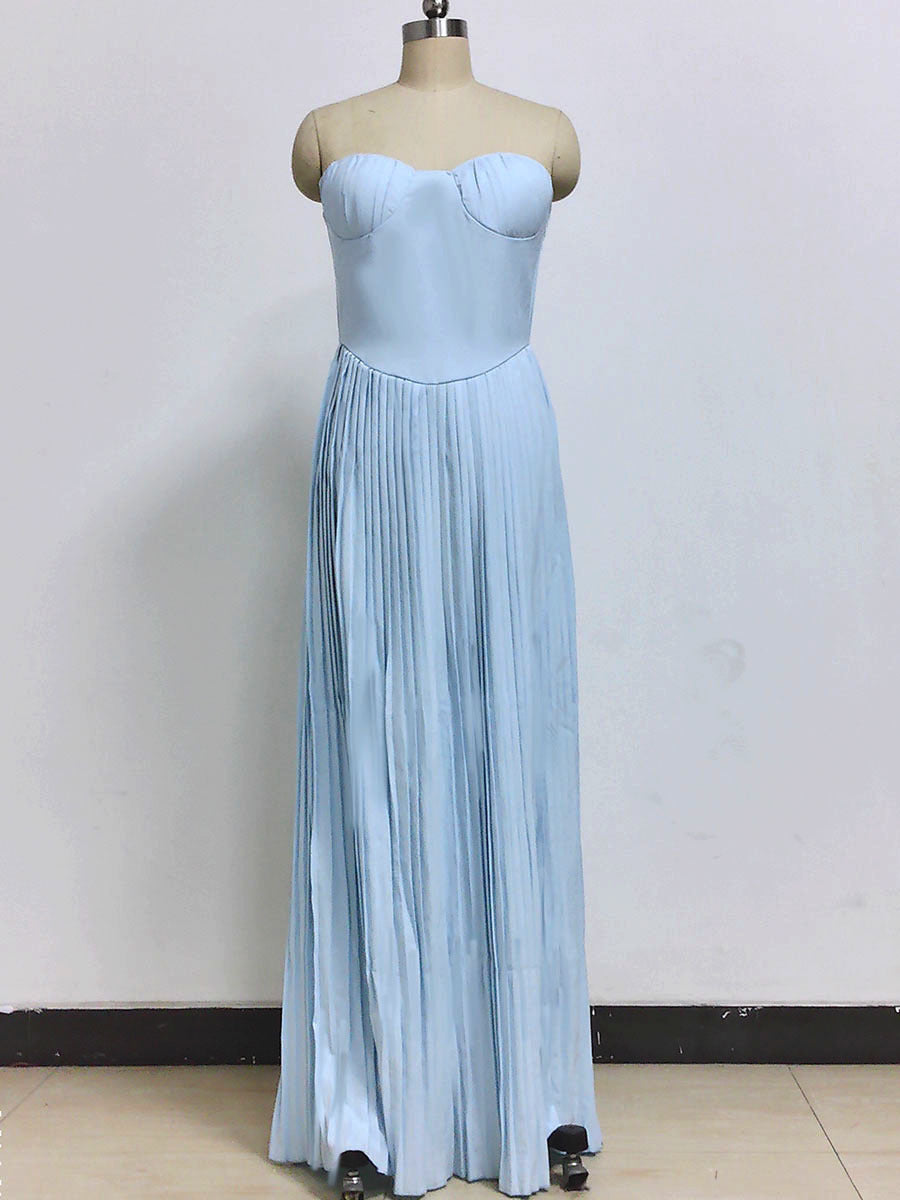 V-neck pleated bandeau long skirt slim back open dress