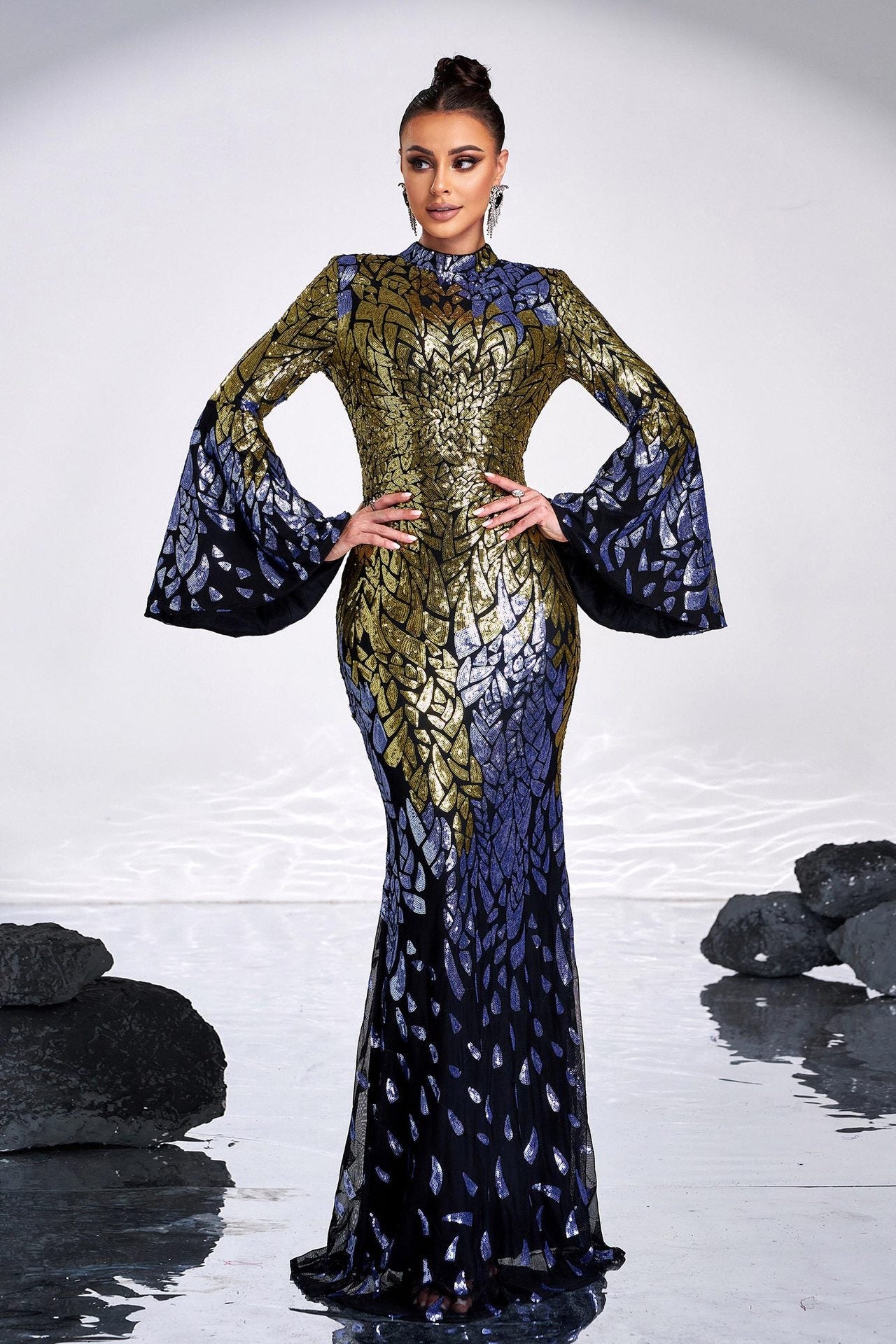 Round neck long sequined mermaid dress