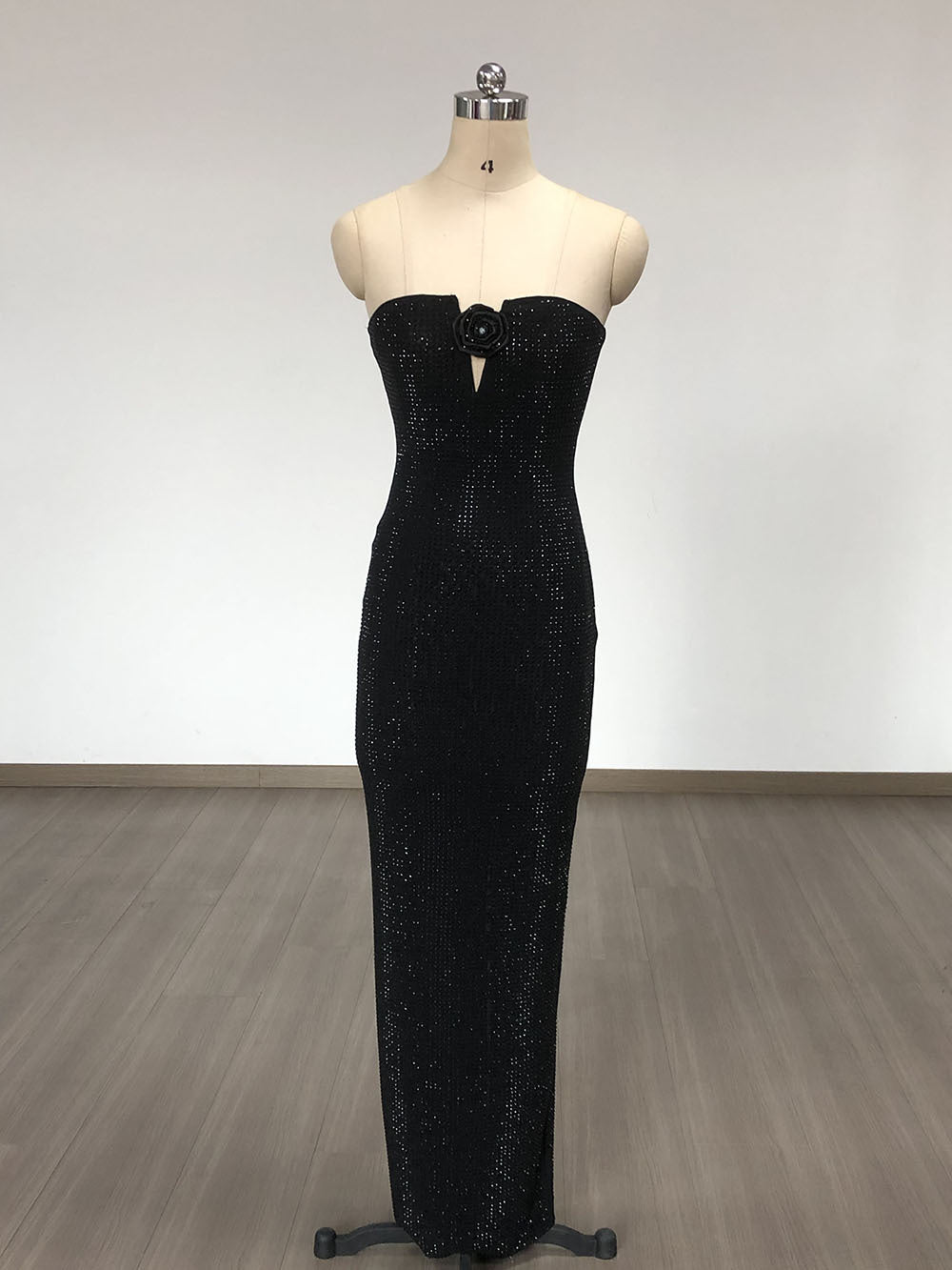 Strapless Rhinestone rose maxi dress in black