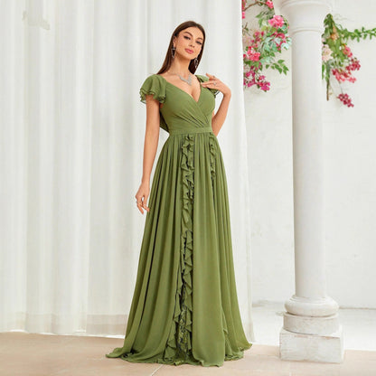 v neck ruffle detail backless maxi dress in green