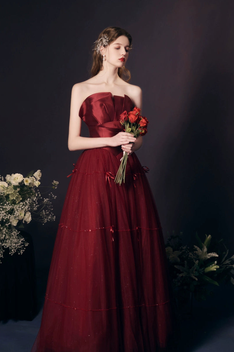 flower embellished strapless maxi dress in claret