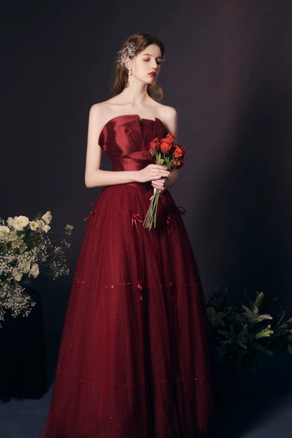 flower embellished strapless maxi dress in claret