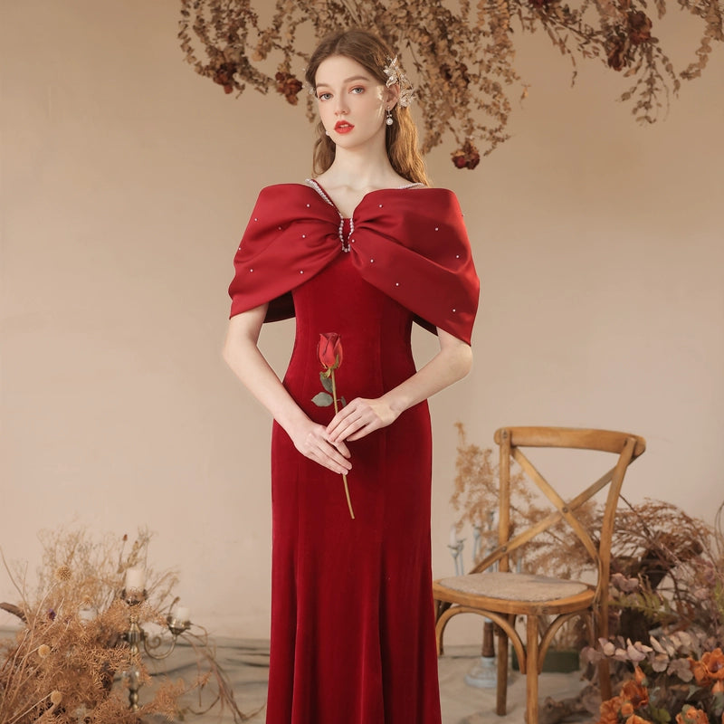 off-shoulder shawl maxi dress in Burgundy