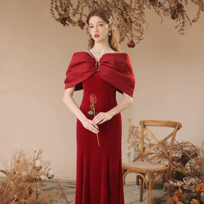 off-shoulder shawl maxi dress in Burgundy
