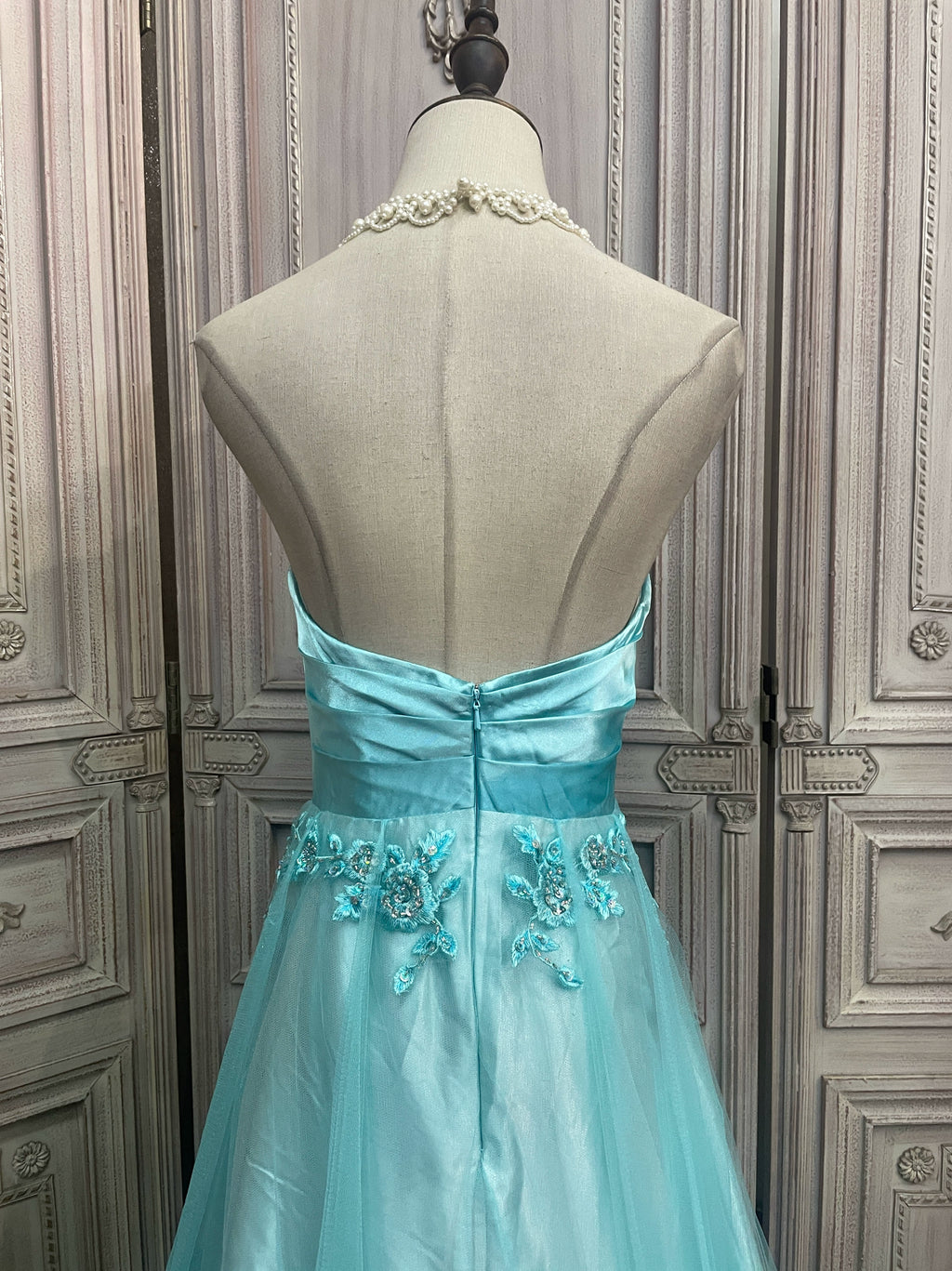 Blue embroidered mesh tube top long dress