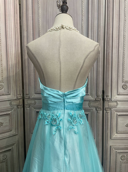 Blue embroidered mesh tube top long dress