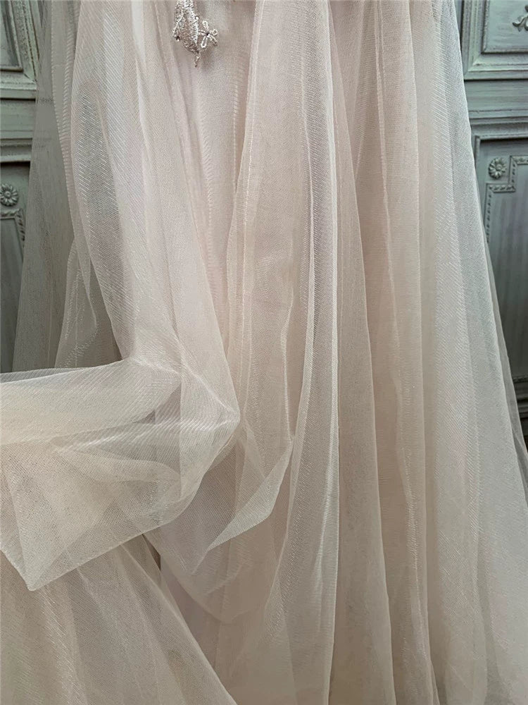 Apricot-colored organza embroidered double-shoulder long evening dress