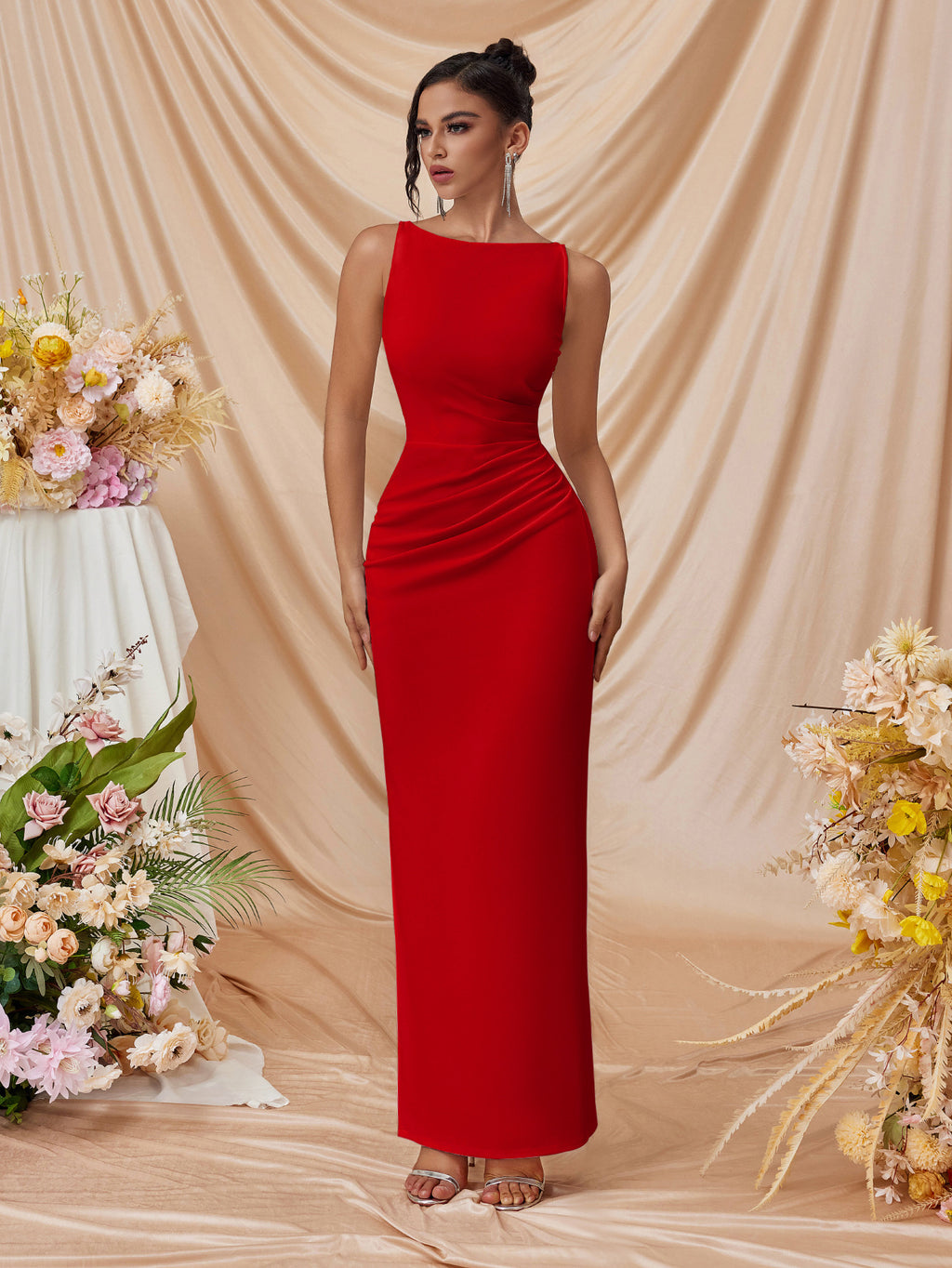 pleated Sleeveless solid color slit slim maxi dress