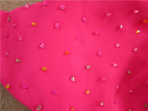 Rose red halter neck chiffon long beaded evening gown