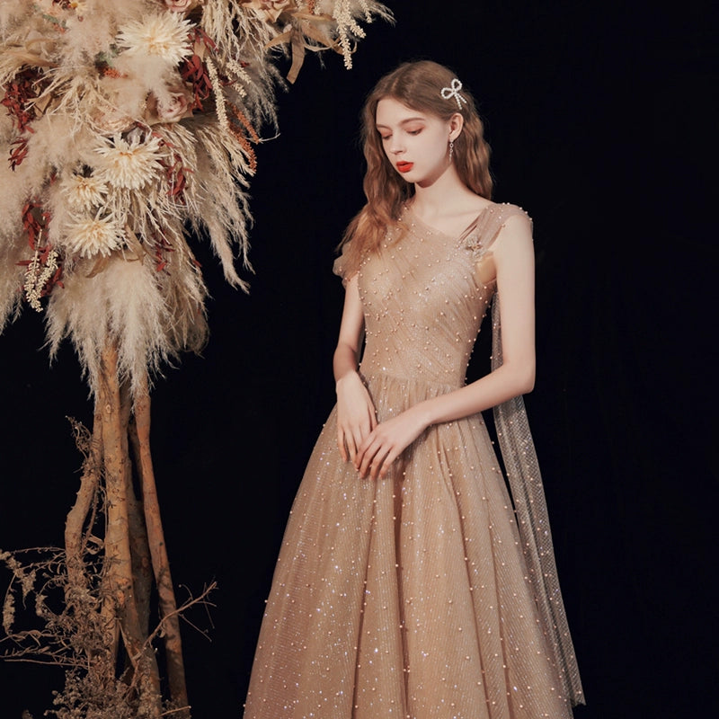 venus pearl embellished tulle maxi dress in brown