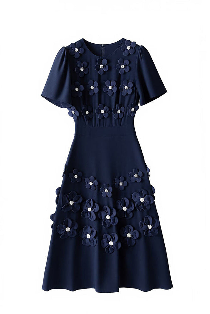 abito midi Katherine con applicazioni di fiori 3D in blu navy