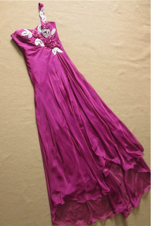 Purple one-shoulder chiffon flower maxi dress
