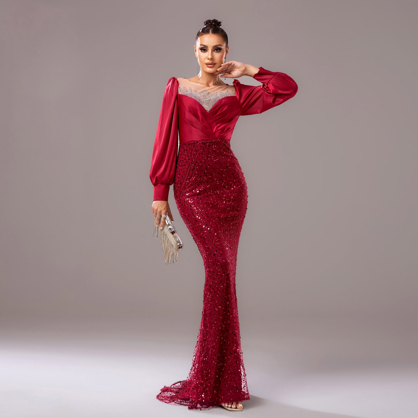winifred sequin embellished lantern sleeve maxi dress  in burgundy
