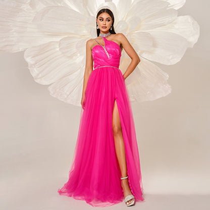 rhinestone detail halter tulle maxi dress in rose red