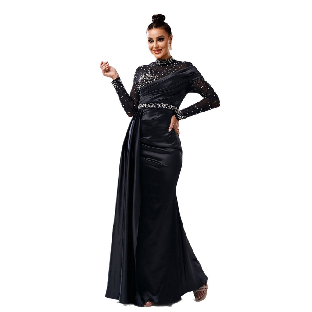 black Round neck slim hip-hugging sequined evening dress