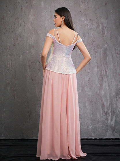 off-shoulder v neck sequin patchwork chiffon maxi dress in pink