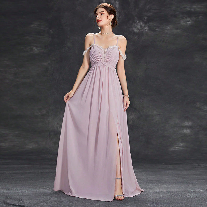 kate lace trim chiffon high slit maxi dress in pink
