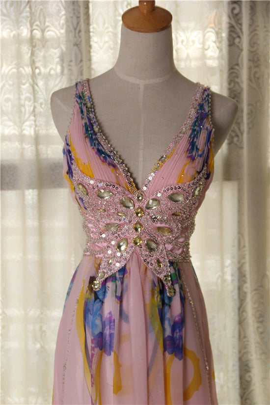 Pink printed open back long beaded maxi dress