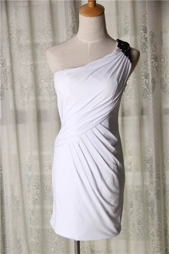 White knitted stretch one-shoulder mini evening dress