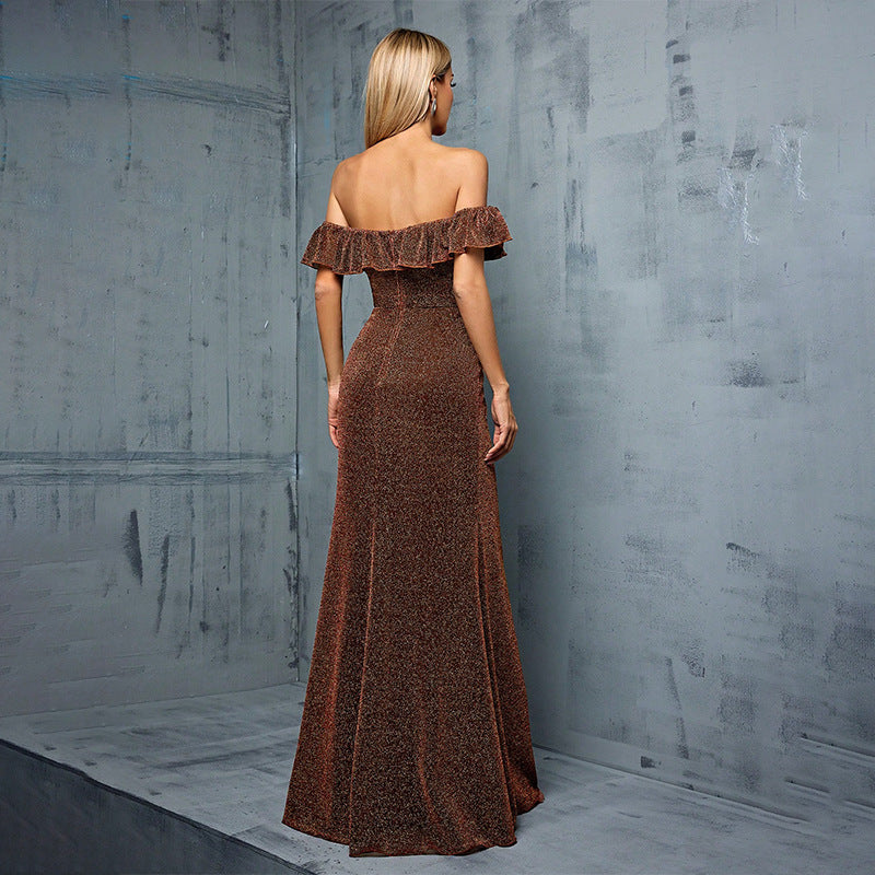 off shoulder ruffle embellished high slit maxi dress in brown