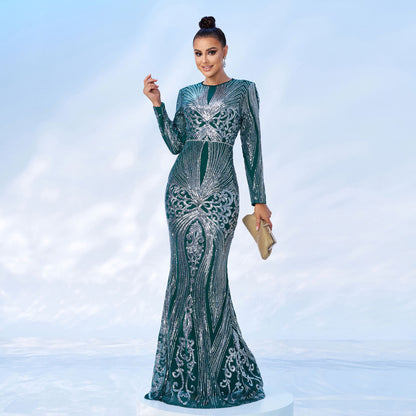 winifred sequin print long sleeve maxi dress in green